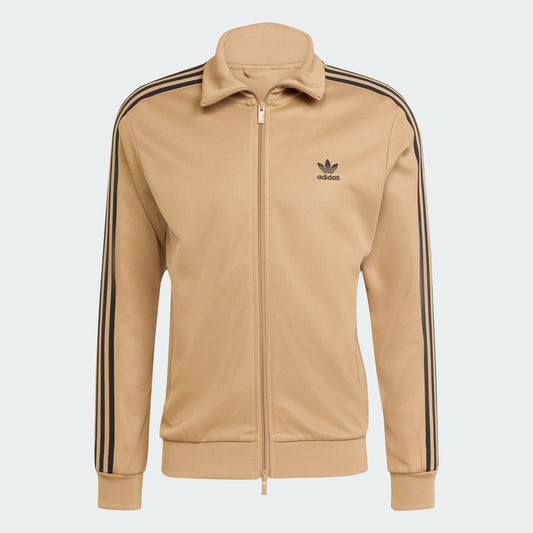 Beige Adidas jacket with three black stripes on a light gray background