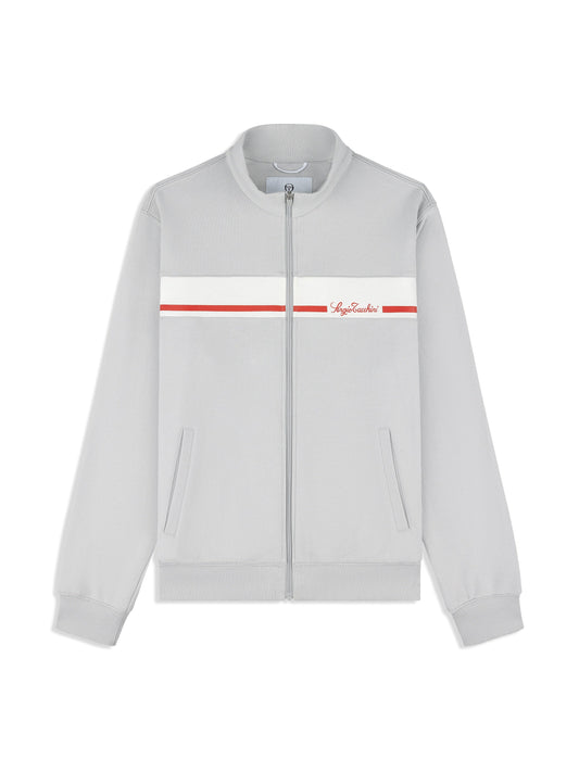 Gray jacket with a red and white printing
 on a white background