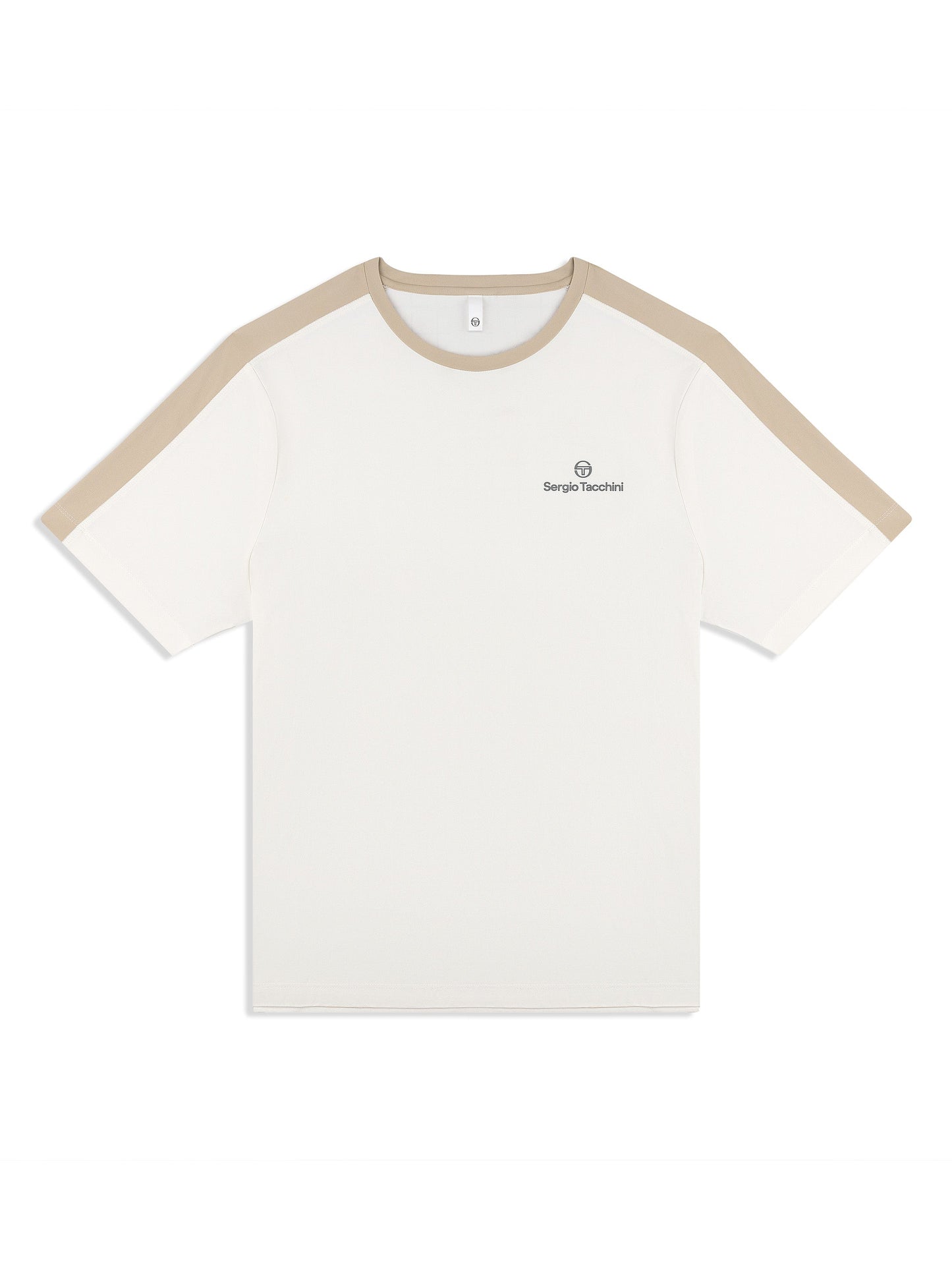 White t-shirt with beige accents on a white background