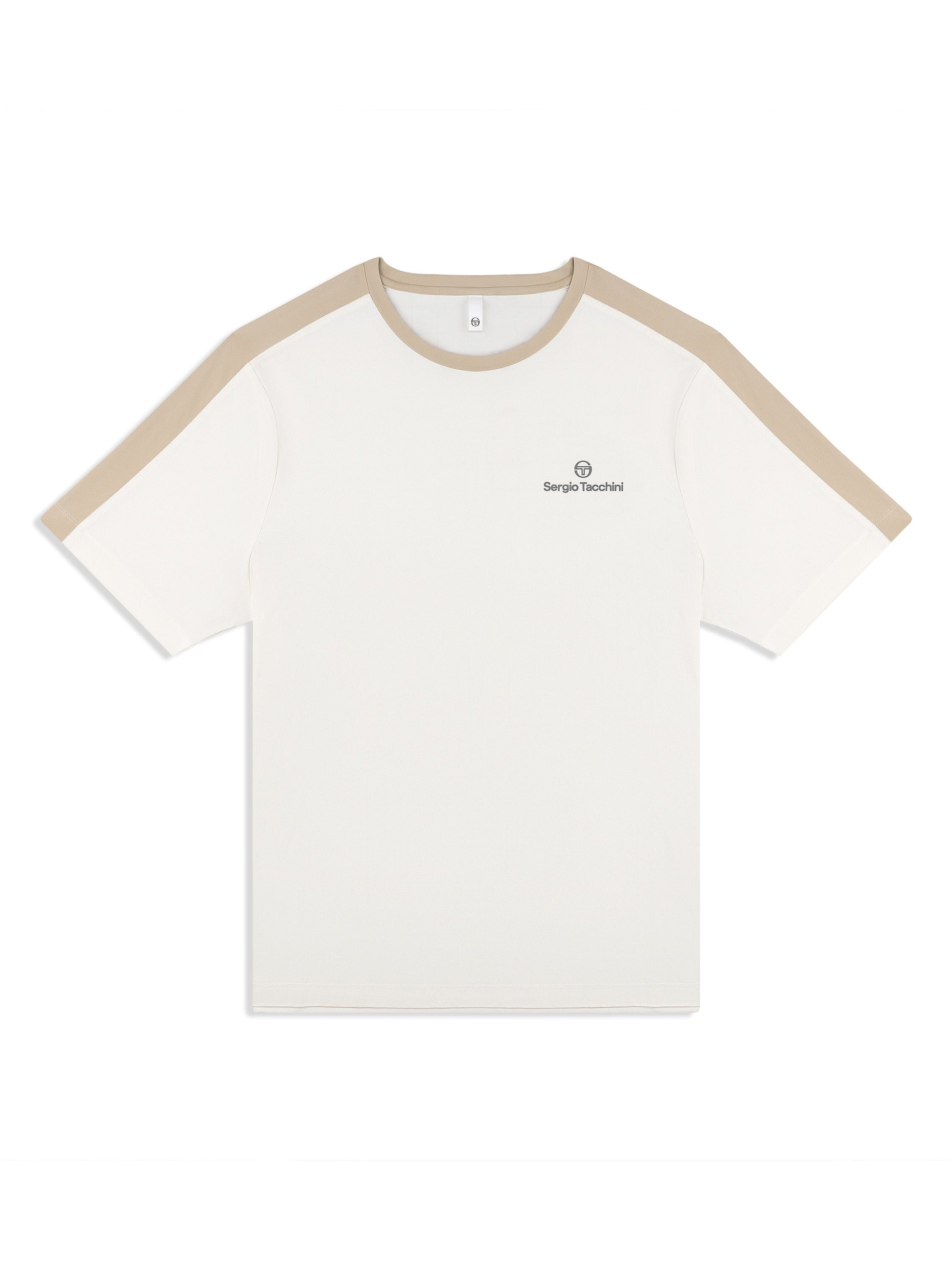 White t-shirt with beige accents on a white background