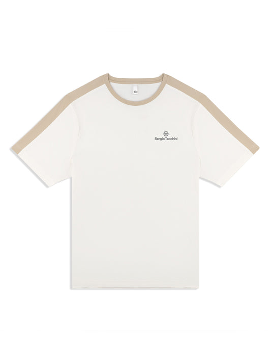 White t-shirt with beige accents on a white background