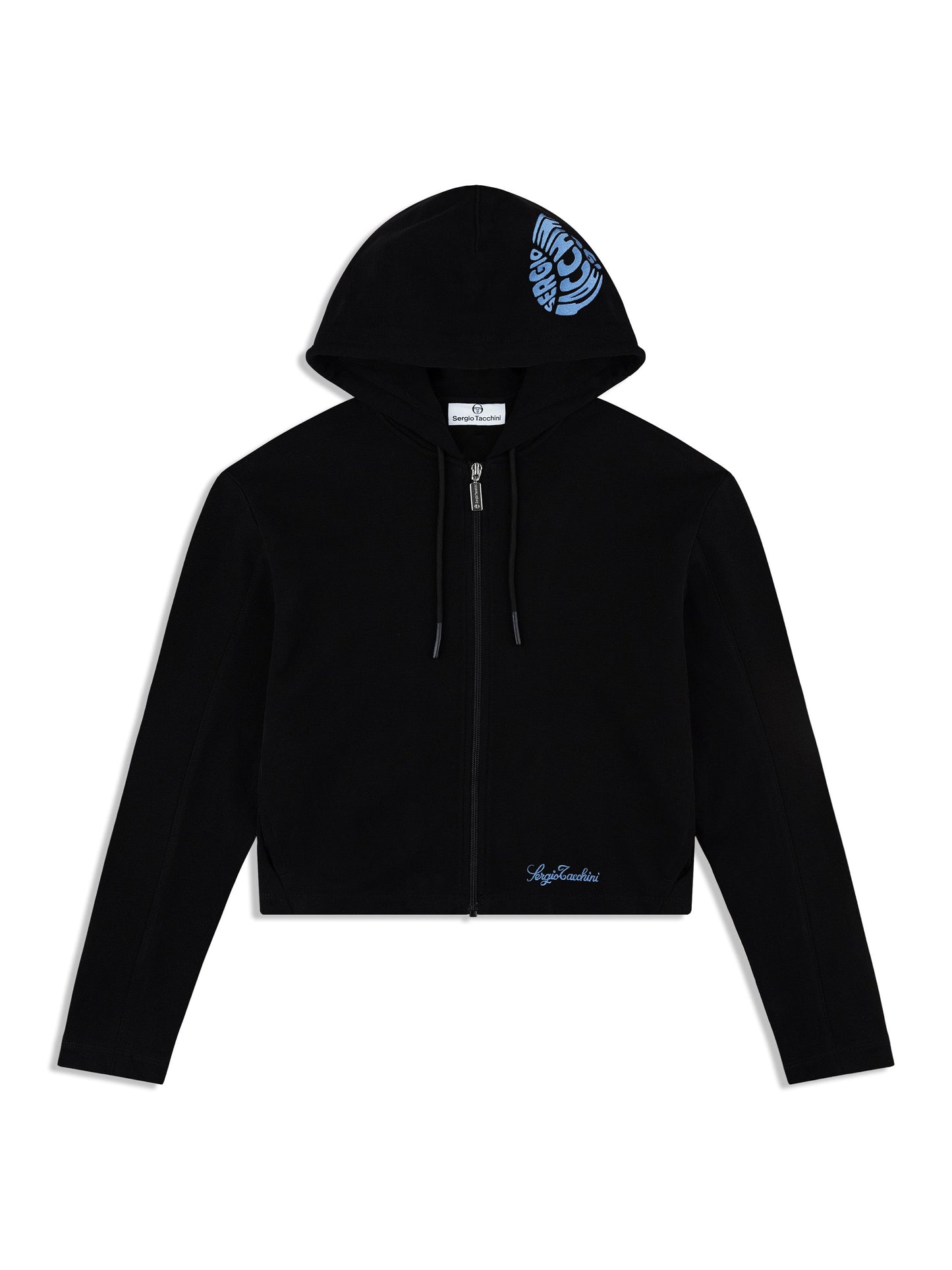 Black hoodie with blue logo on a white background