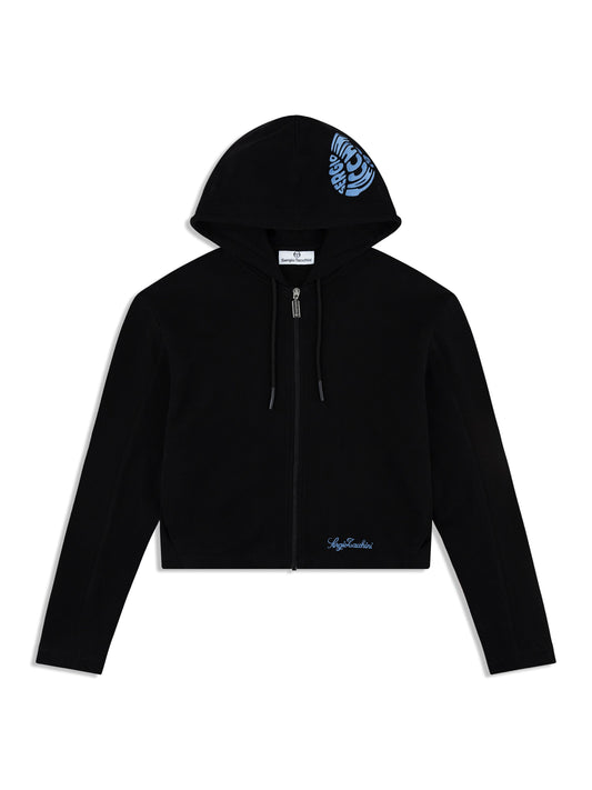 Black hoodie with blue logo on a white background