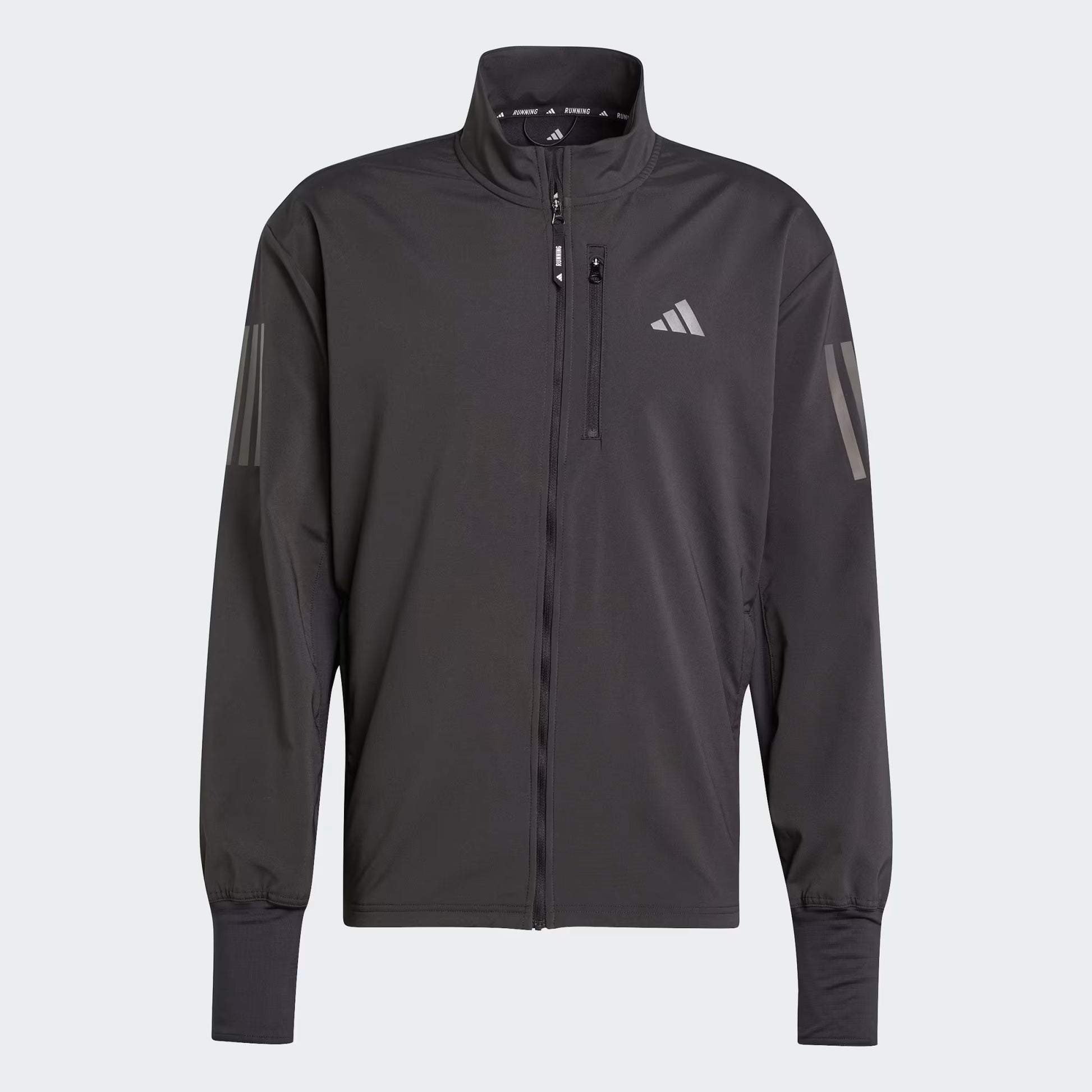 Dark gray jacket with Adidas logo on a light gray background