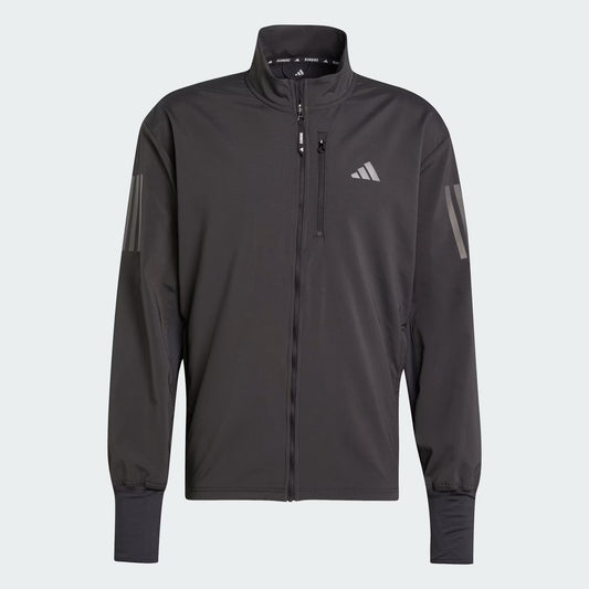 Dark gray jacket with Adidas logo on a light gray background