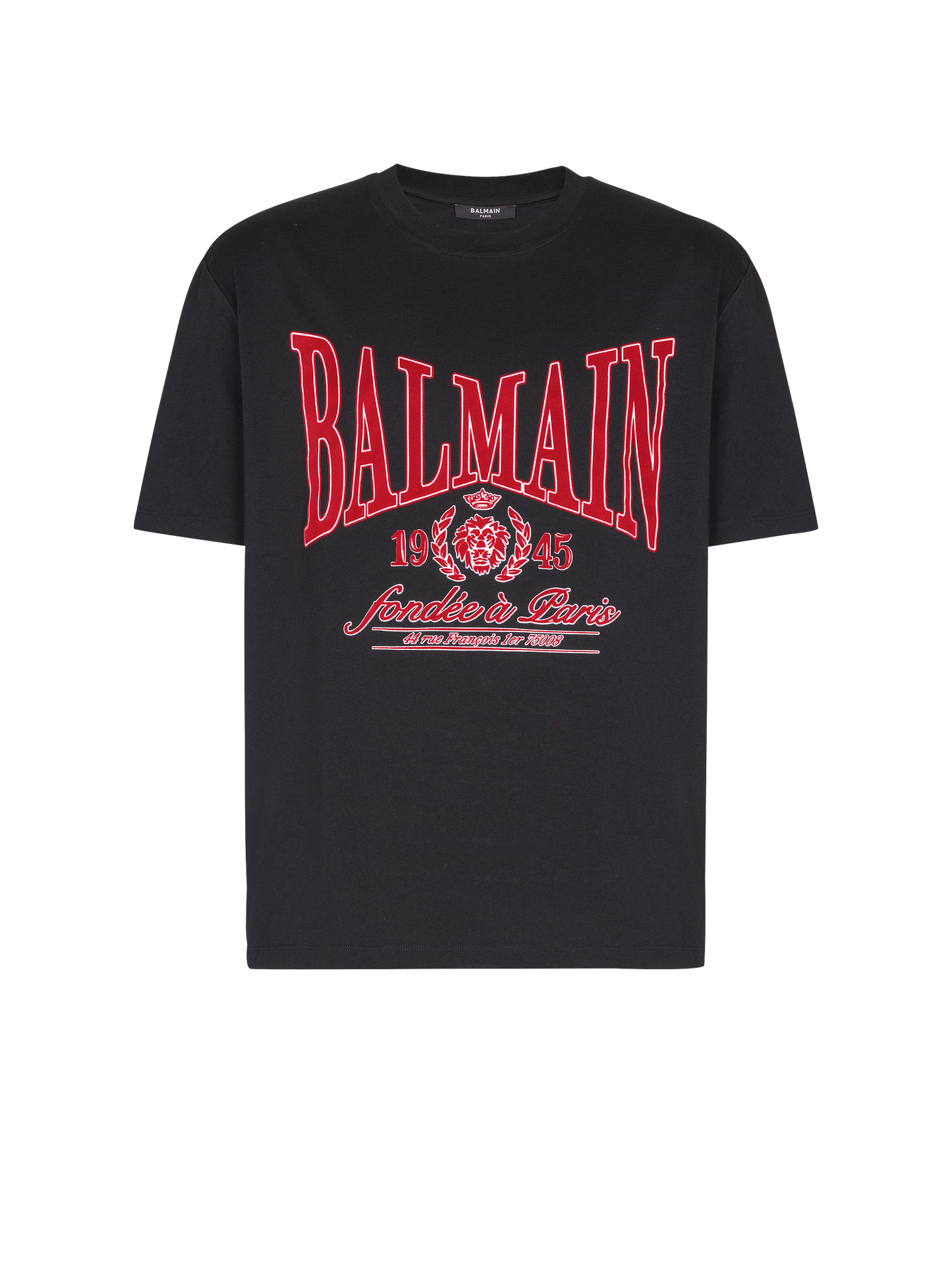 Black t-shirt with red Balmain logo on a transparent background