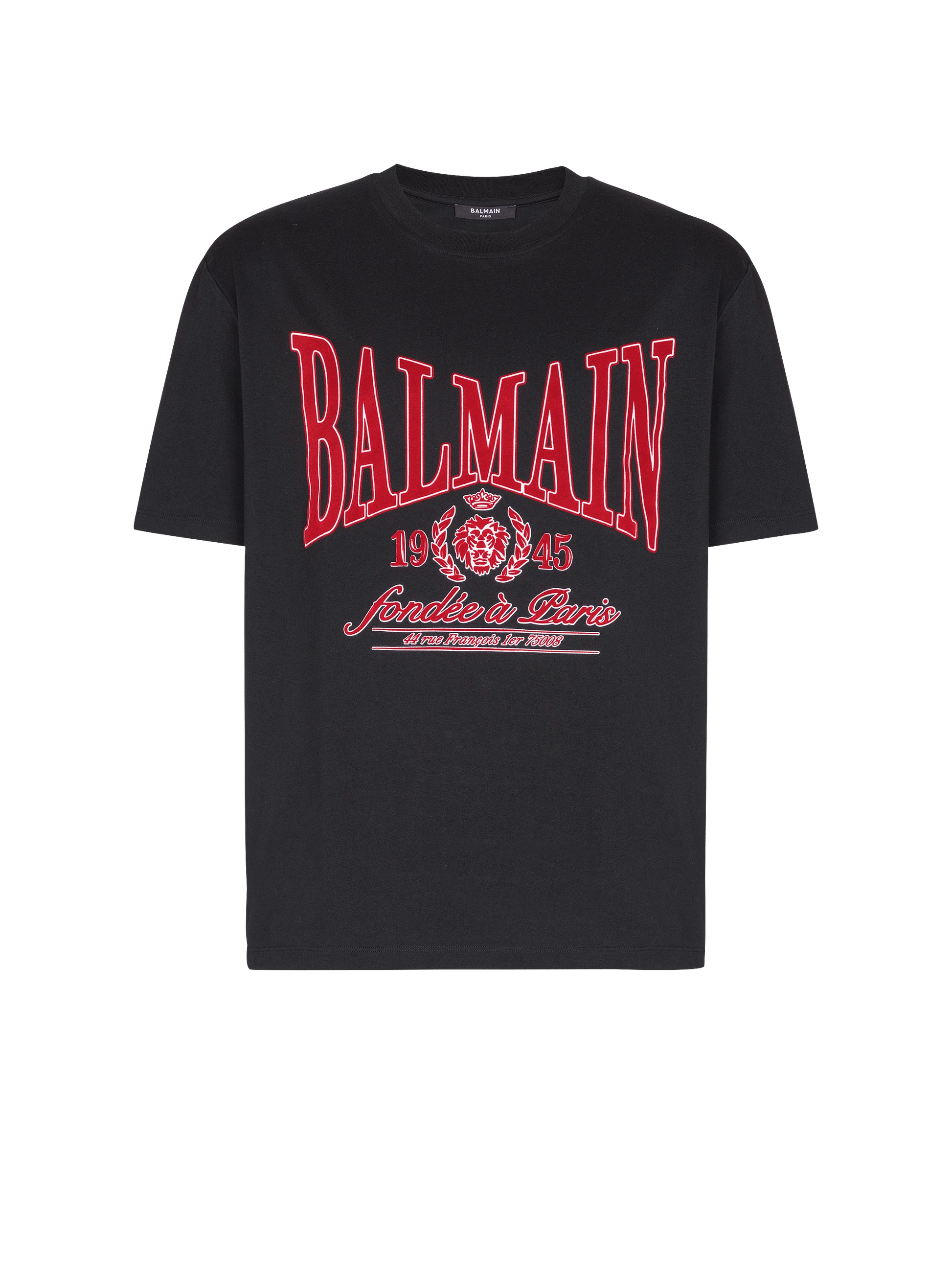 Black t-shirt with red Balmain logo on a transparent background