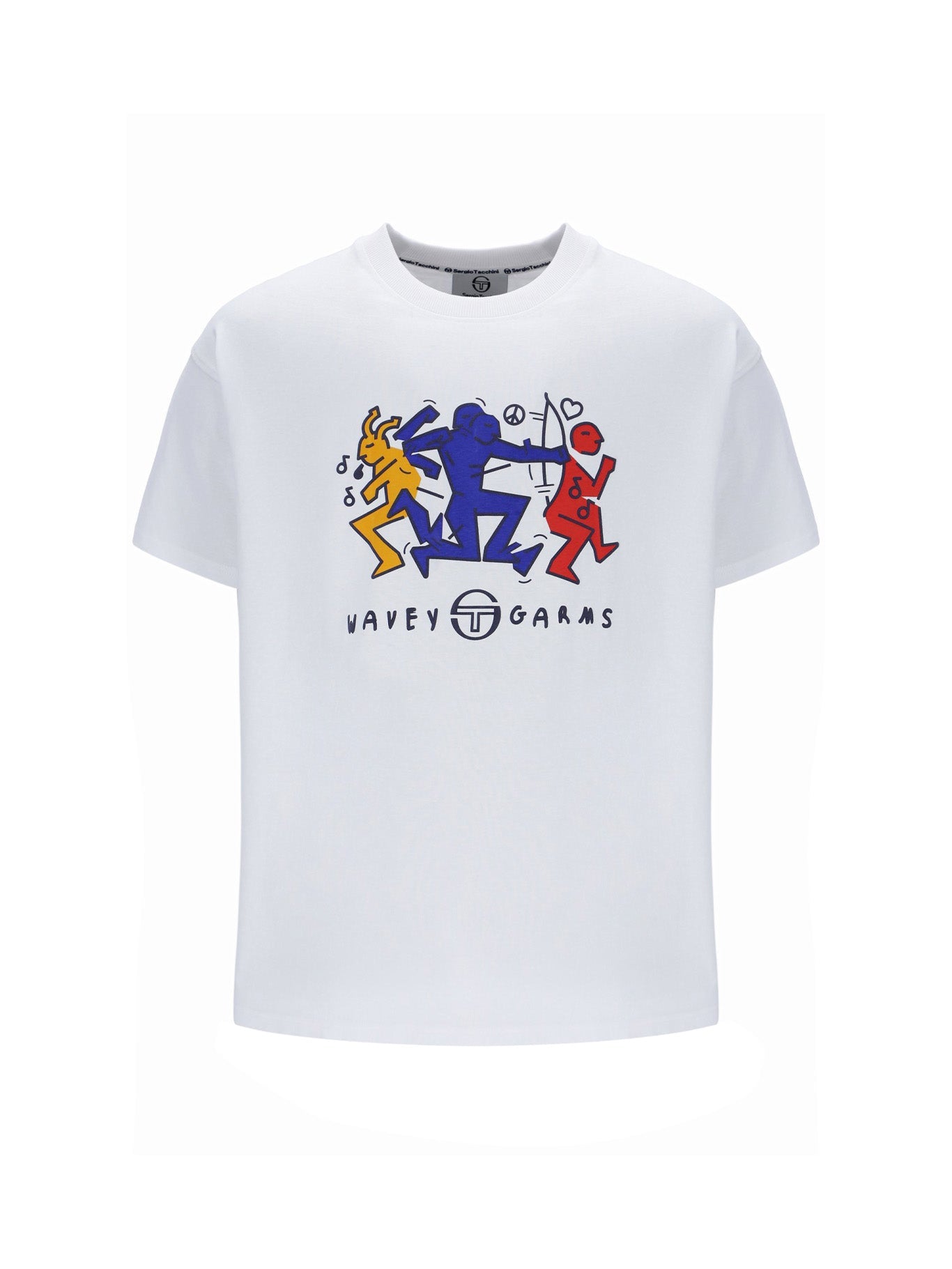 White t-shirt with colorful graphic design on a white background