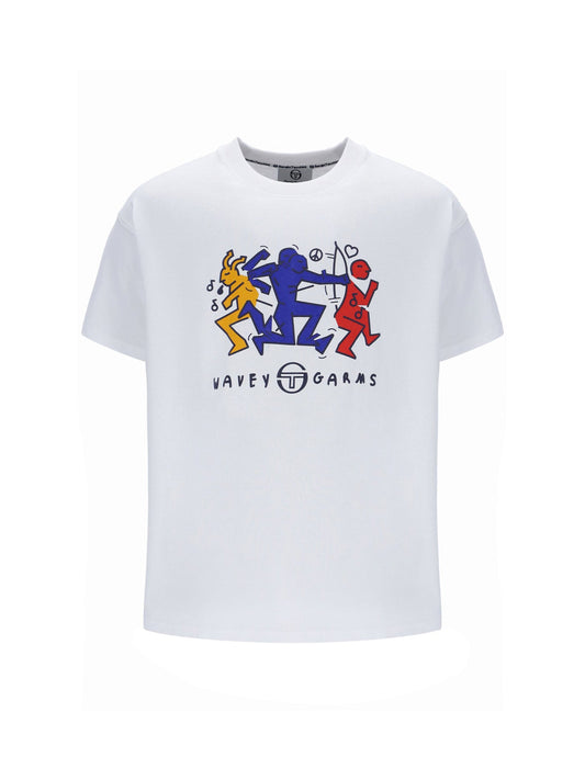 White t-shirt with colorful graphic design on a white background