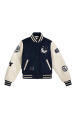 Navy and white varsity jacket with patches on a white background